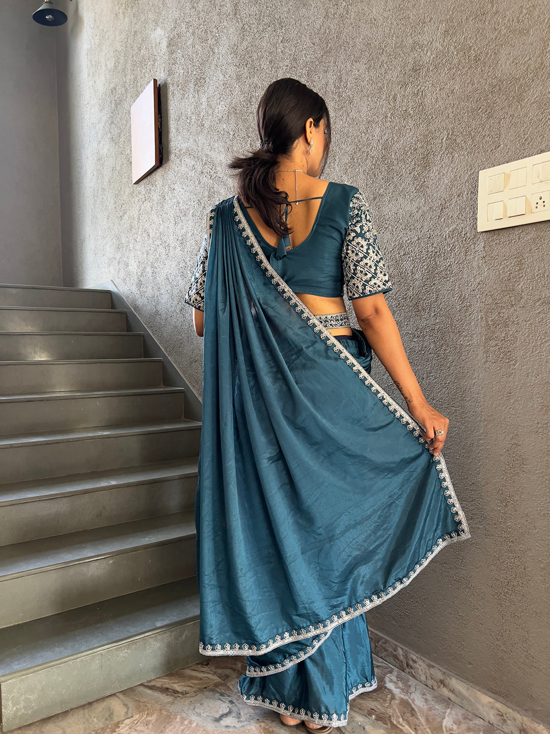 Ready To Wear Chinon Embroidery Work Saree With Stitched Blouse