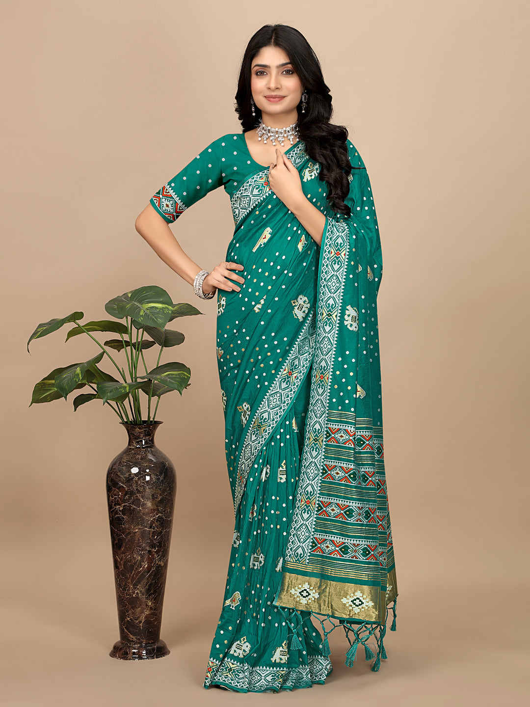 Patola Print Cotton Silk Saree with Tassel Border Pallu