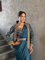 Heavy Chinon Jacket Saree With Blouse and Cording Embroidered Work