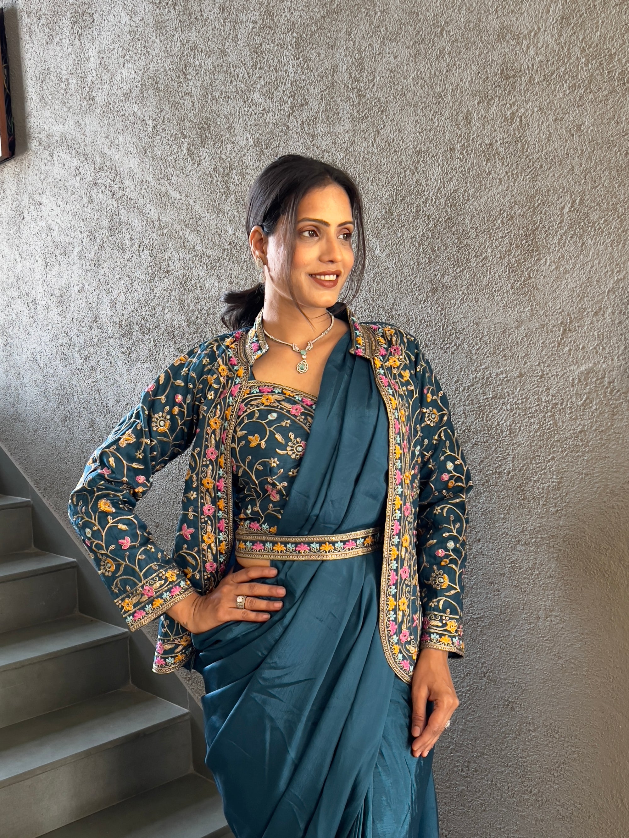 Heavy Chinon Jacket Saree With Blouse and Cording Embroidered Work