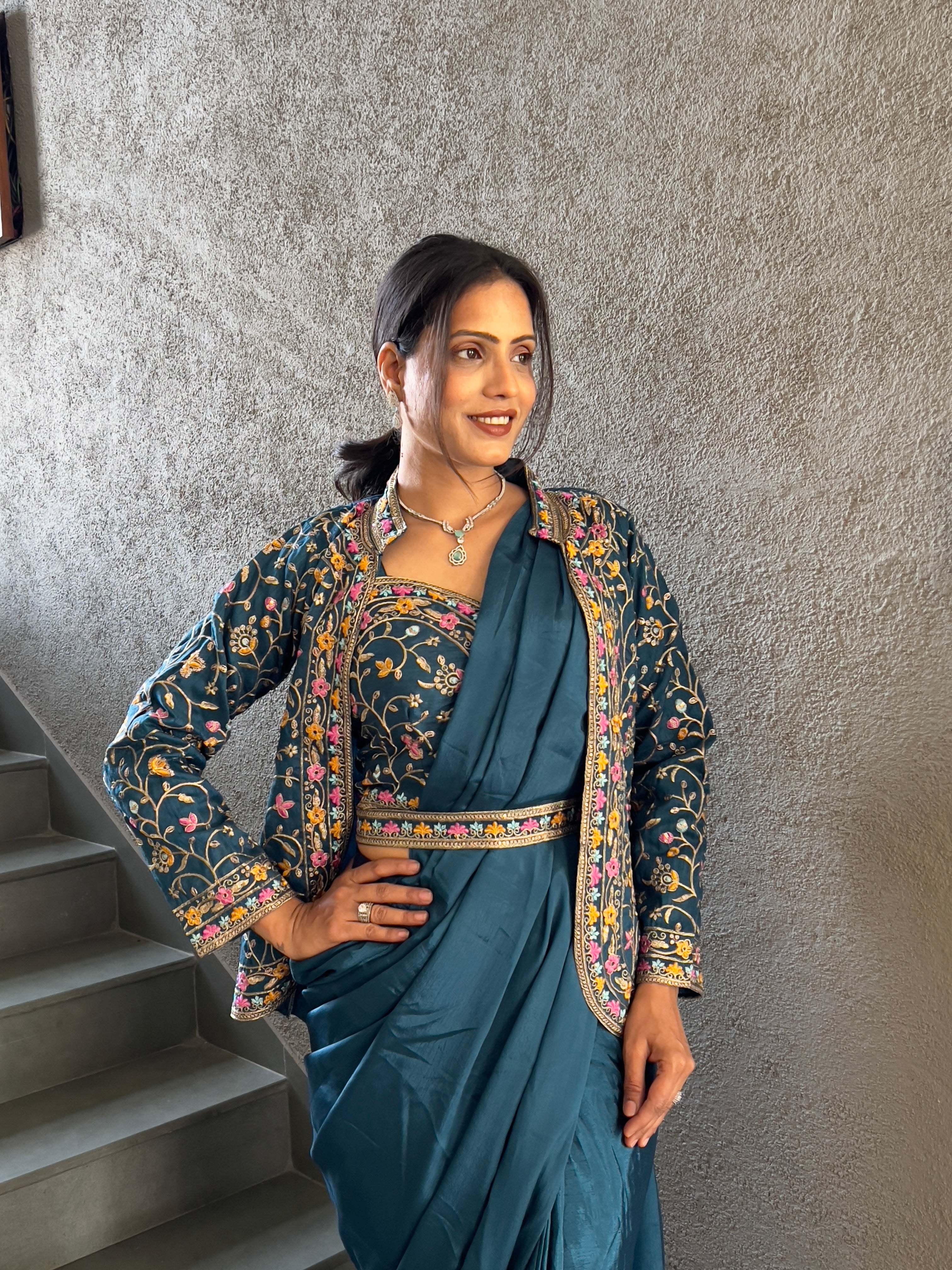Heavy Chinon Jacket Saree With Blouse and Cording Embroidered Work
