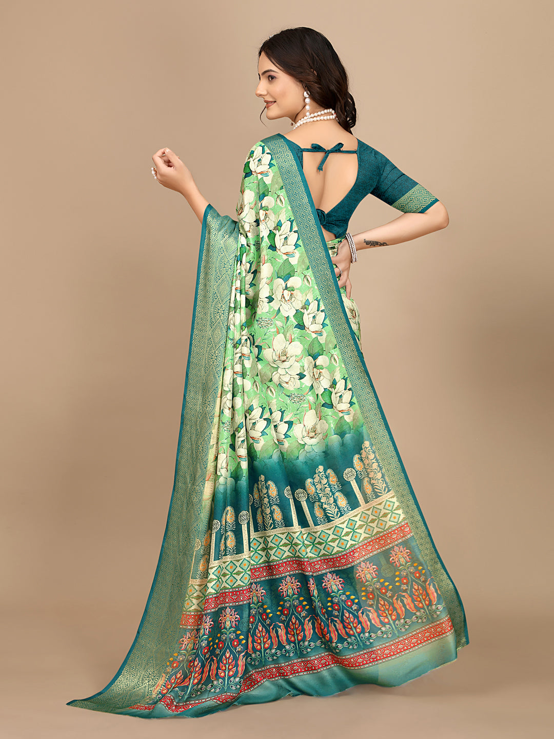 Moss Chiffon Digital Print Woven Border Saree