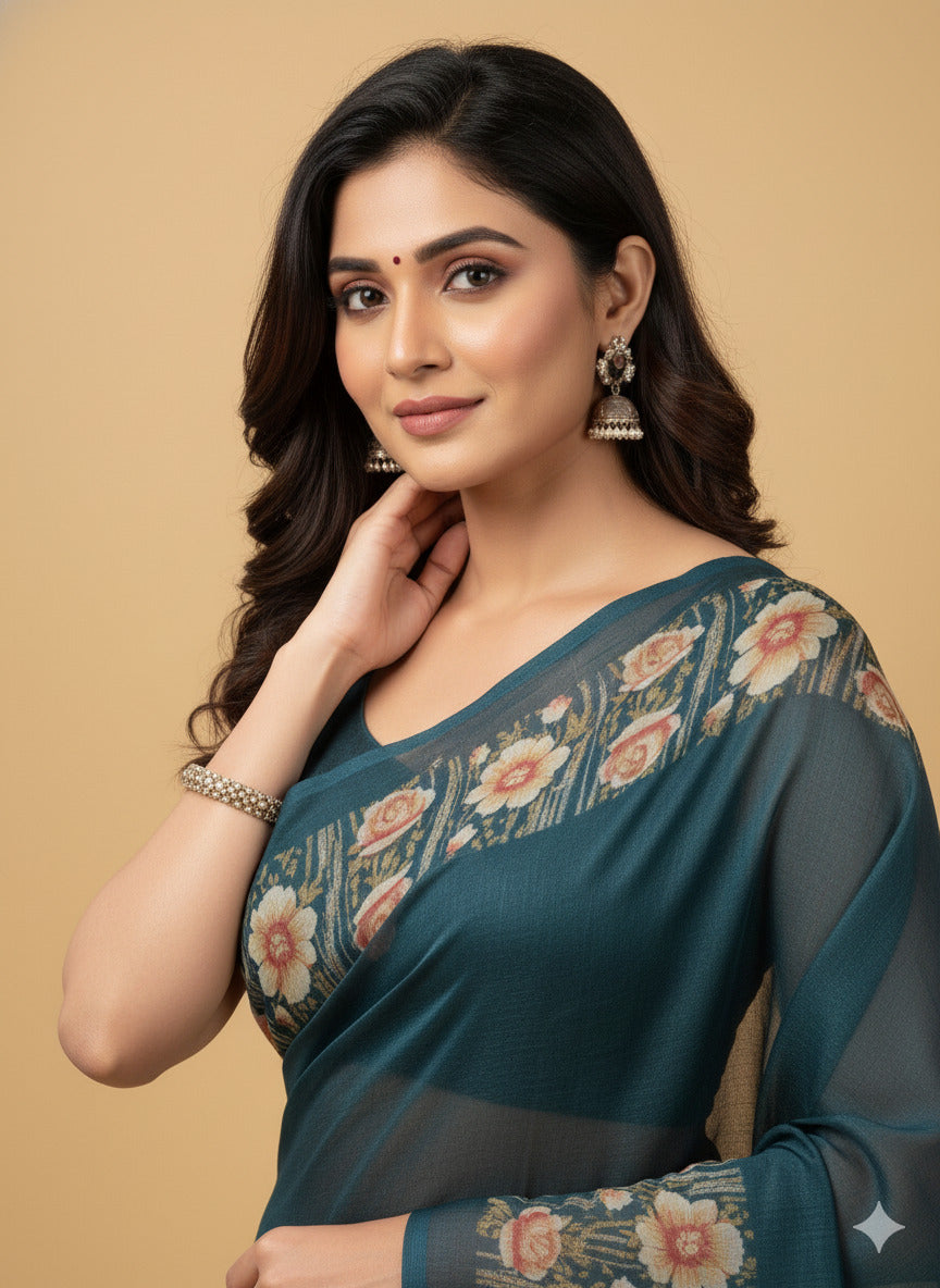 Elegant Floral Border Print Georgette Border Saree