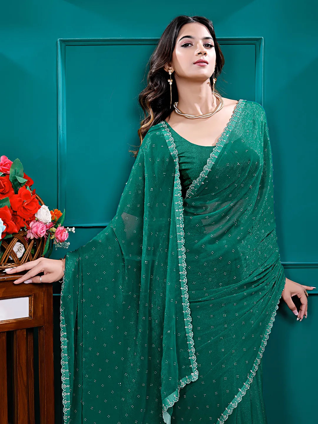 Chiffon Siroski Diamond Lace Work Saree