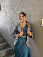 Heavy Chinon Jacket Saree With Blouse and Cording Embroidered Work