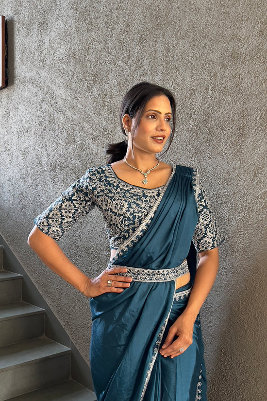 Ready To Wear Chinon Embroidery Work Saree With Stitched Blouse