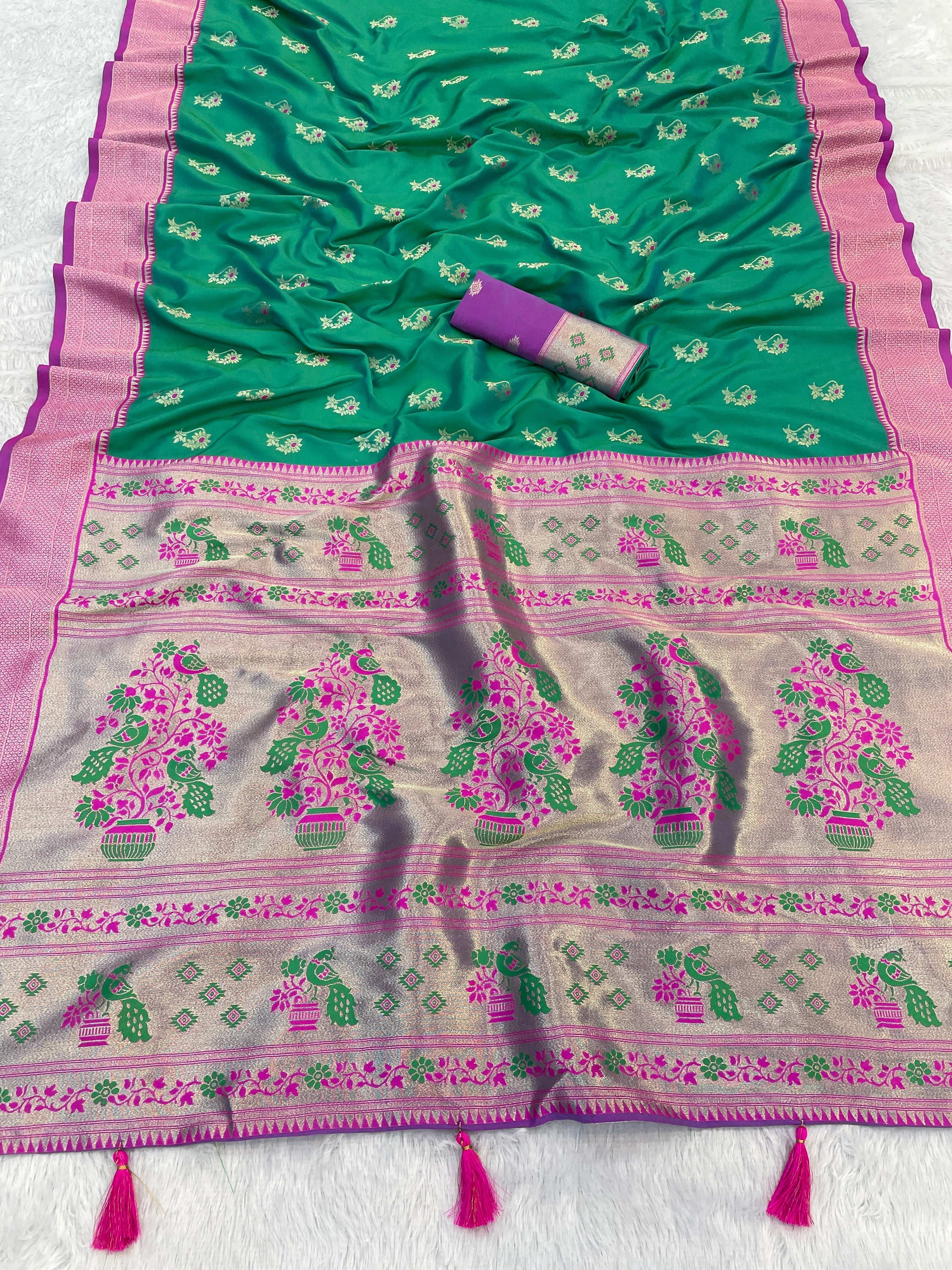 Zari Woven Paithani Pure Silk Saree With Tussle