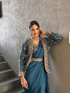 Heavy Chinon Jacket Saree With Blouse and Cording Embroidered Work