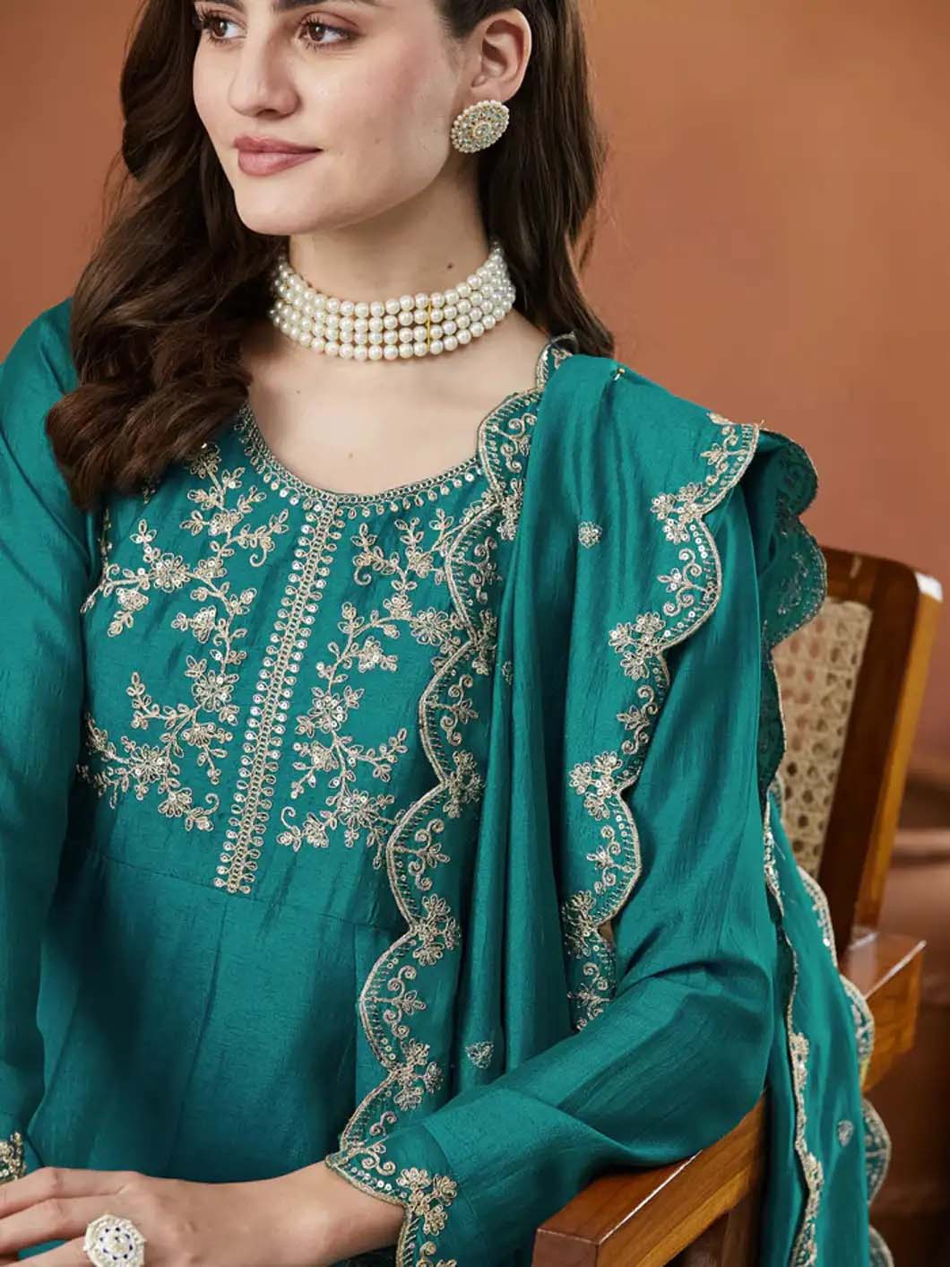 Silk Embroidered Anarkali Kurta, Pant & Dupatta Set