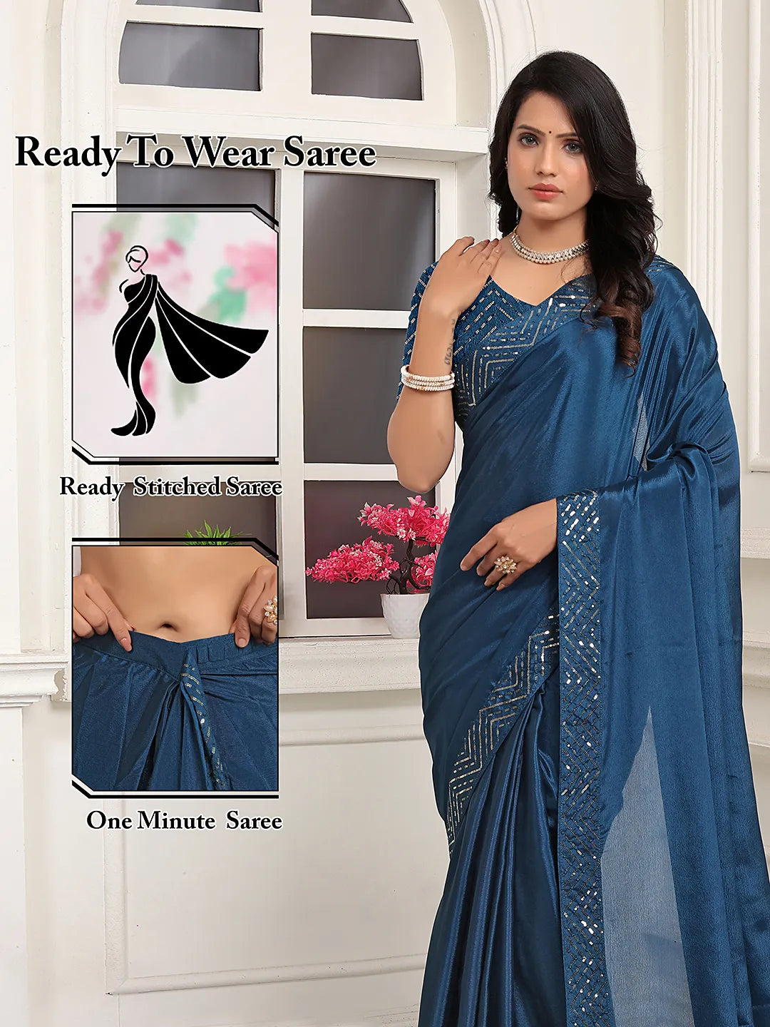 Pionex Ready To Wear Chinon Solid Saree With Embroidered Border