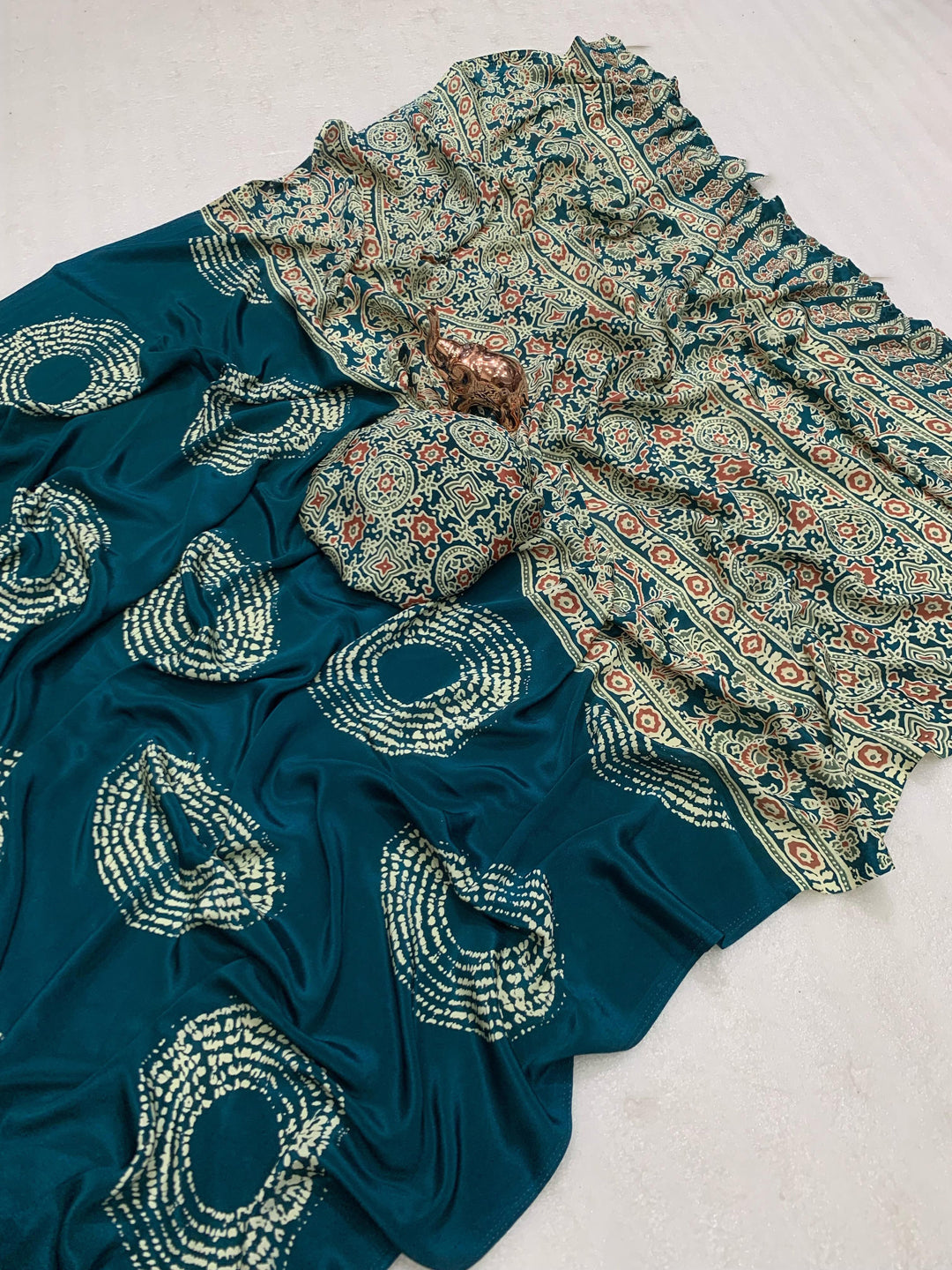 Satin Silk Saree with Ajrakh-Inspired Print & Circular Pallu Design