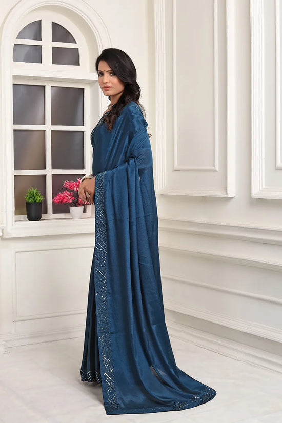 Pionex Ready To Wear Chinon Solid Saree With Embroidered Border