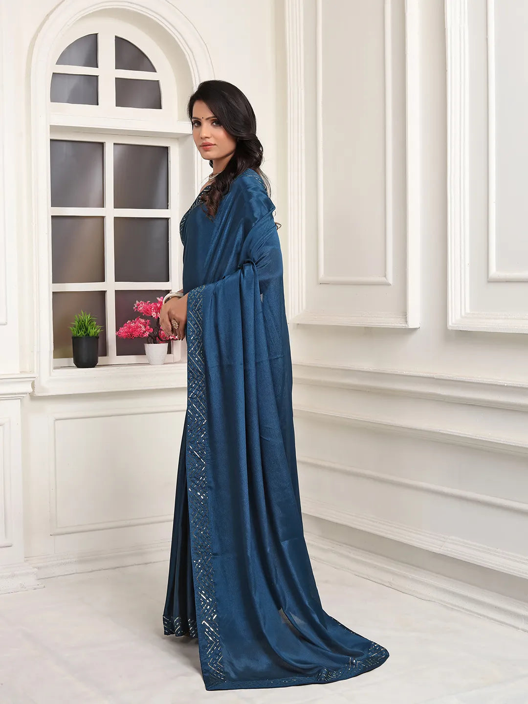 Pionex Ready To Wear Chinon Solid Saree With Embroidered Border