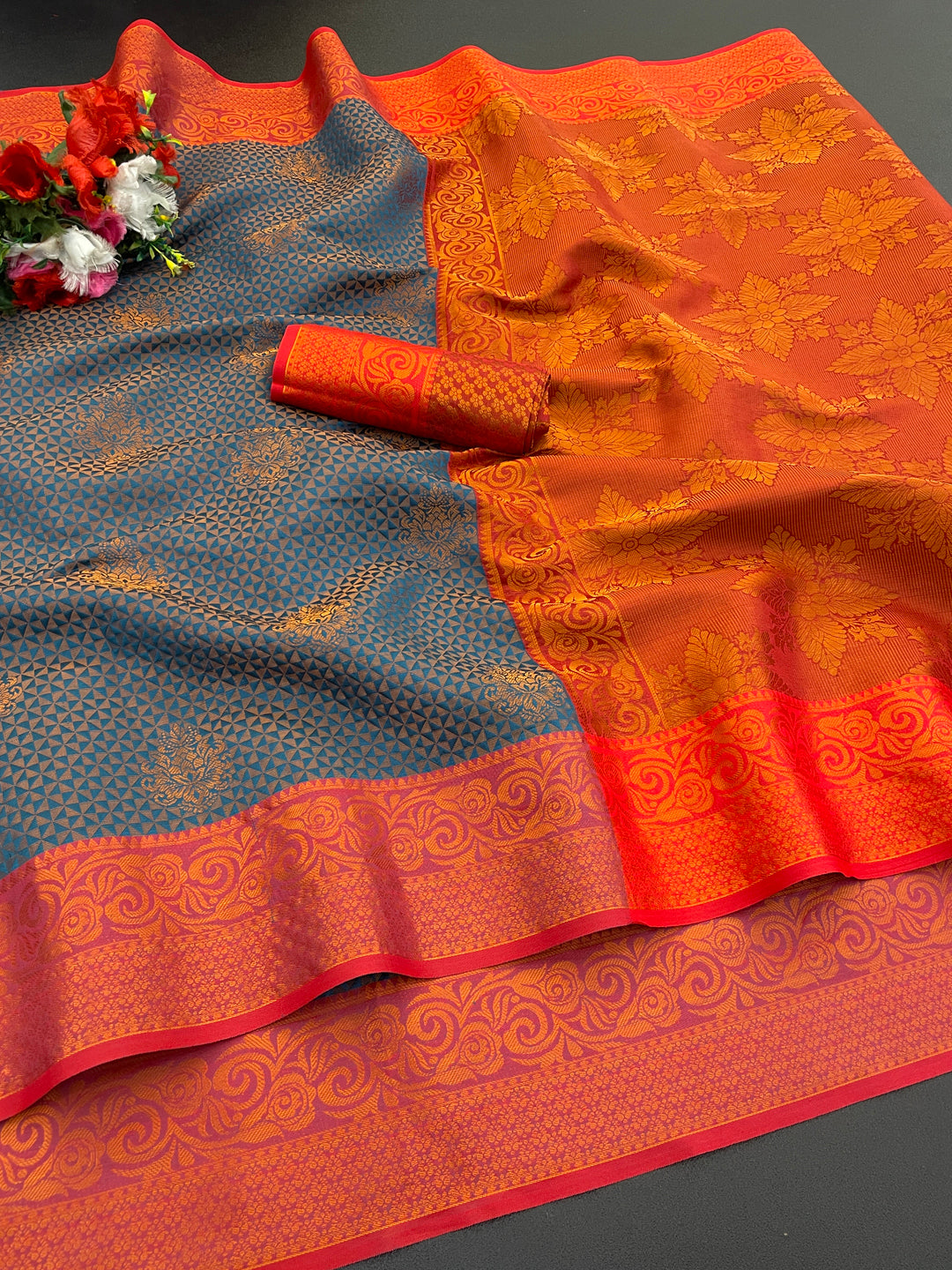 Woven Kanjivaram Soft Silk Copper Rich Pallu Saree