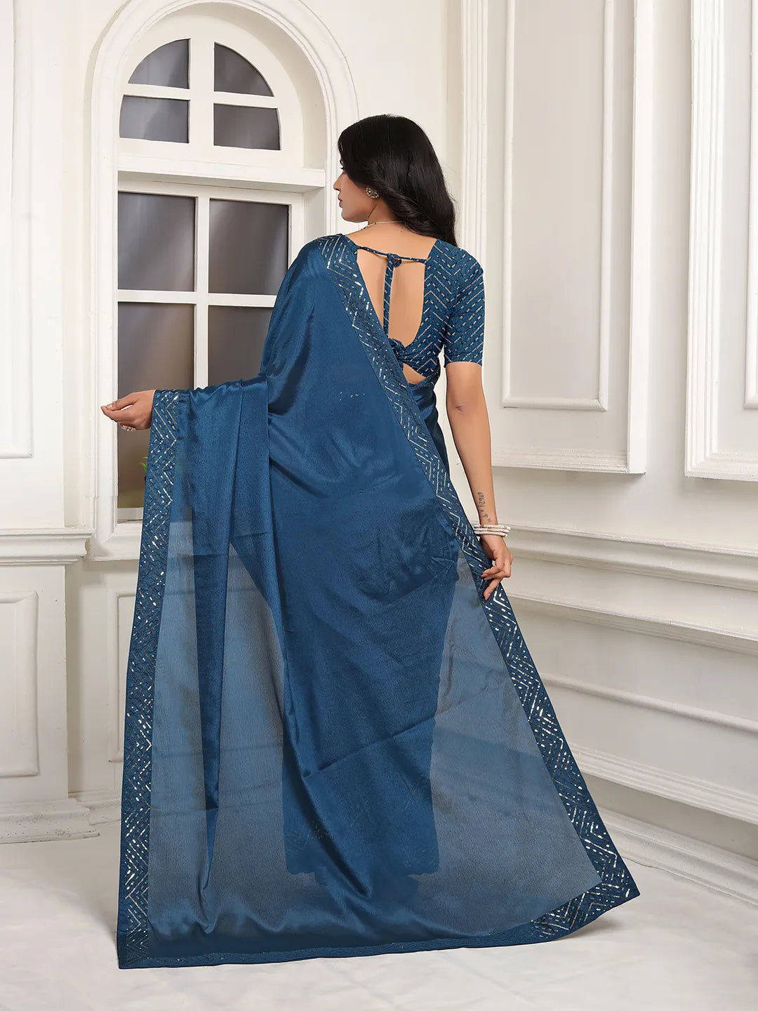 Pionex Ready To Wear Chinon Solid Saree With Embroidered Border