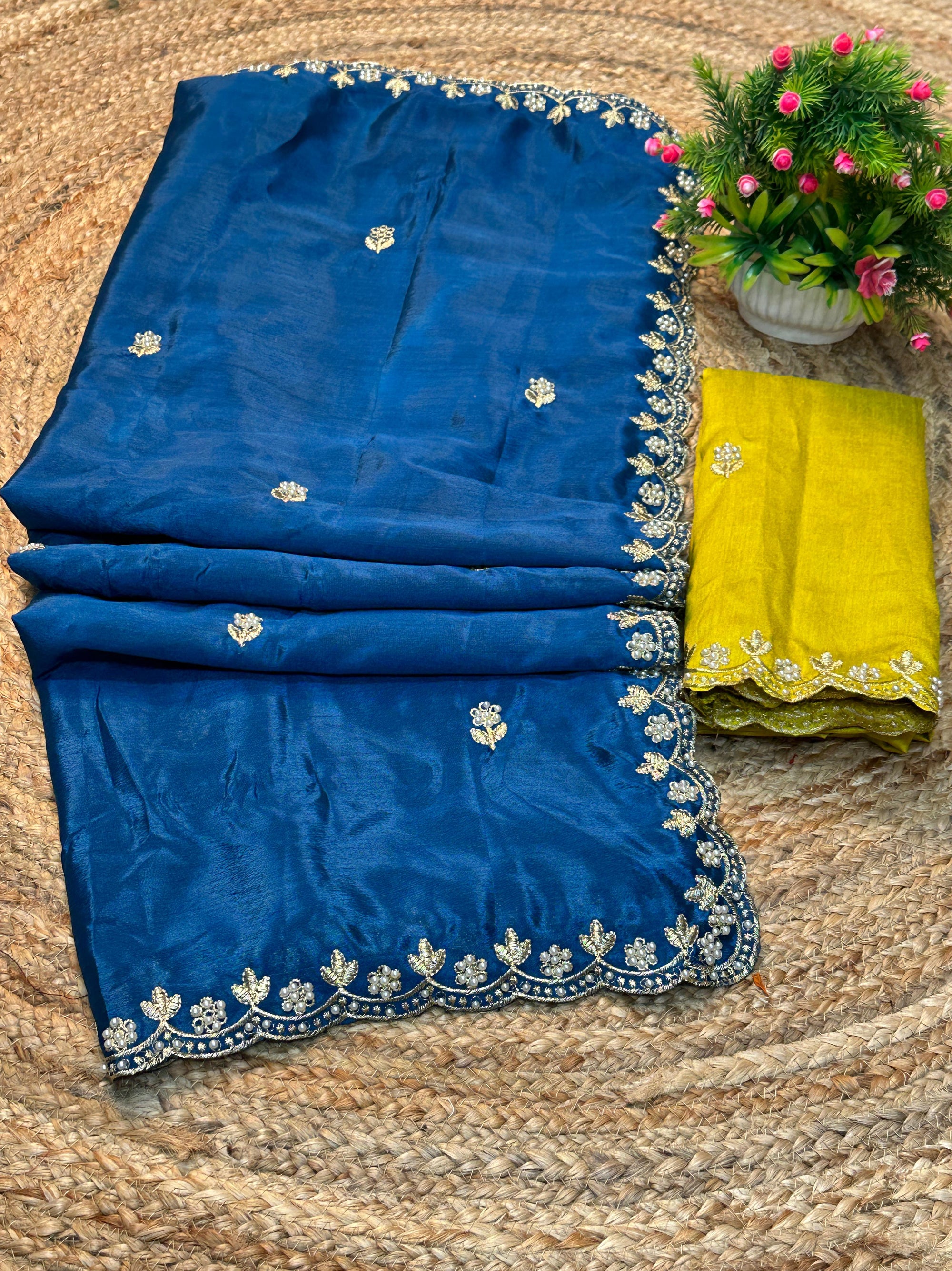 Silk Chinon Saree with Embroidery, Thread & Moti Work