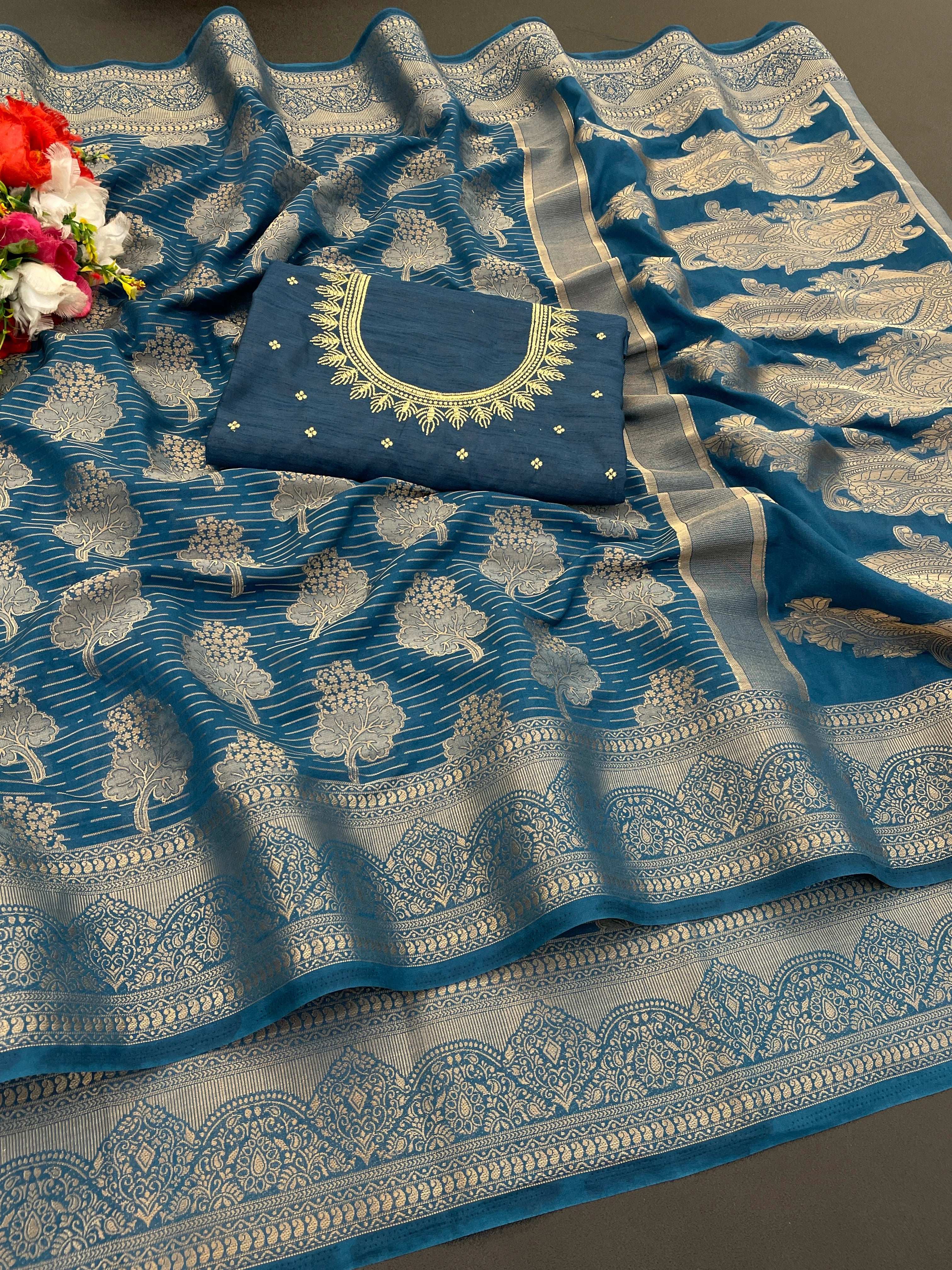 Banarasi Georgette Jacquard Saree With Embroidered Blouse