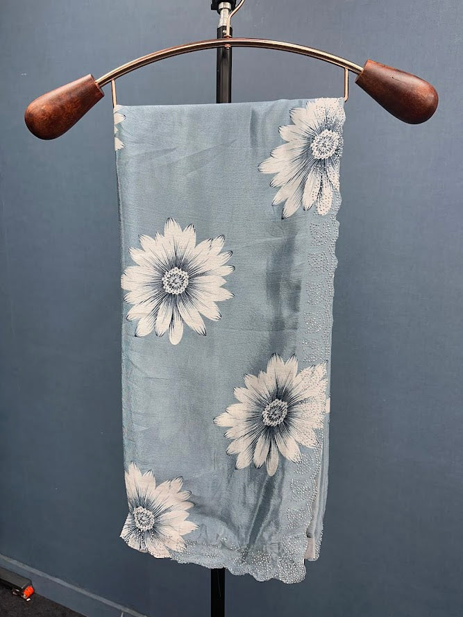 Elegant Printed Chinon Saree with Sparkling Siroksi Diamond Work Border