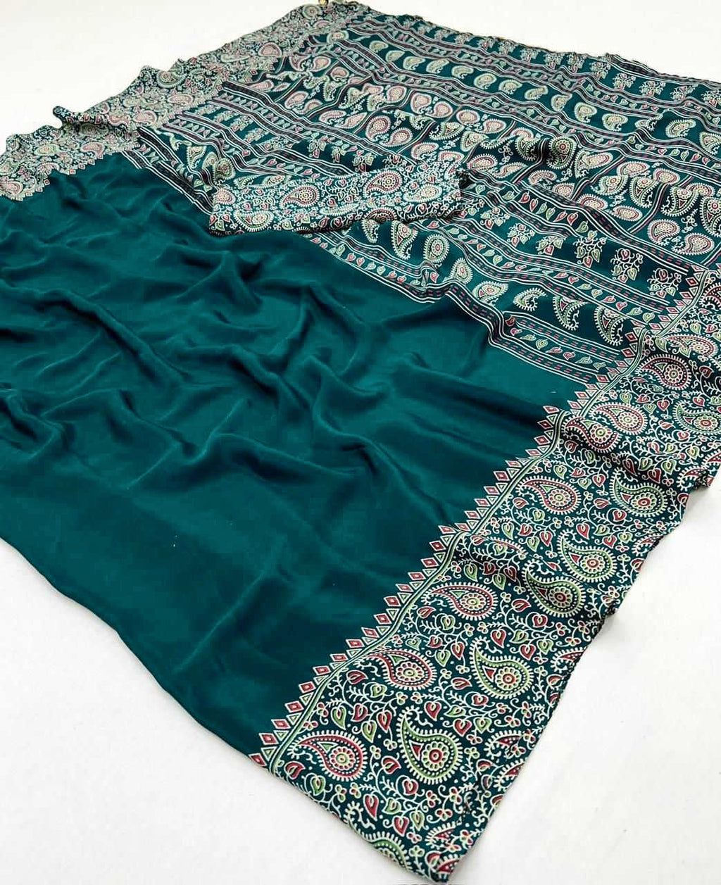 Silk Crepe Natural Ajrakh Printed Saree - Pionex Fab