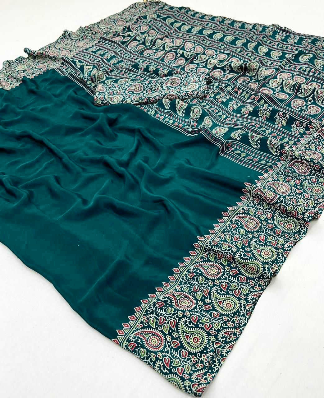 Soft Modal Silk Natural Ajrakh Printed Saree with Unstitched Blouse