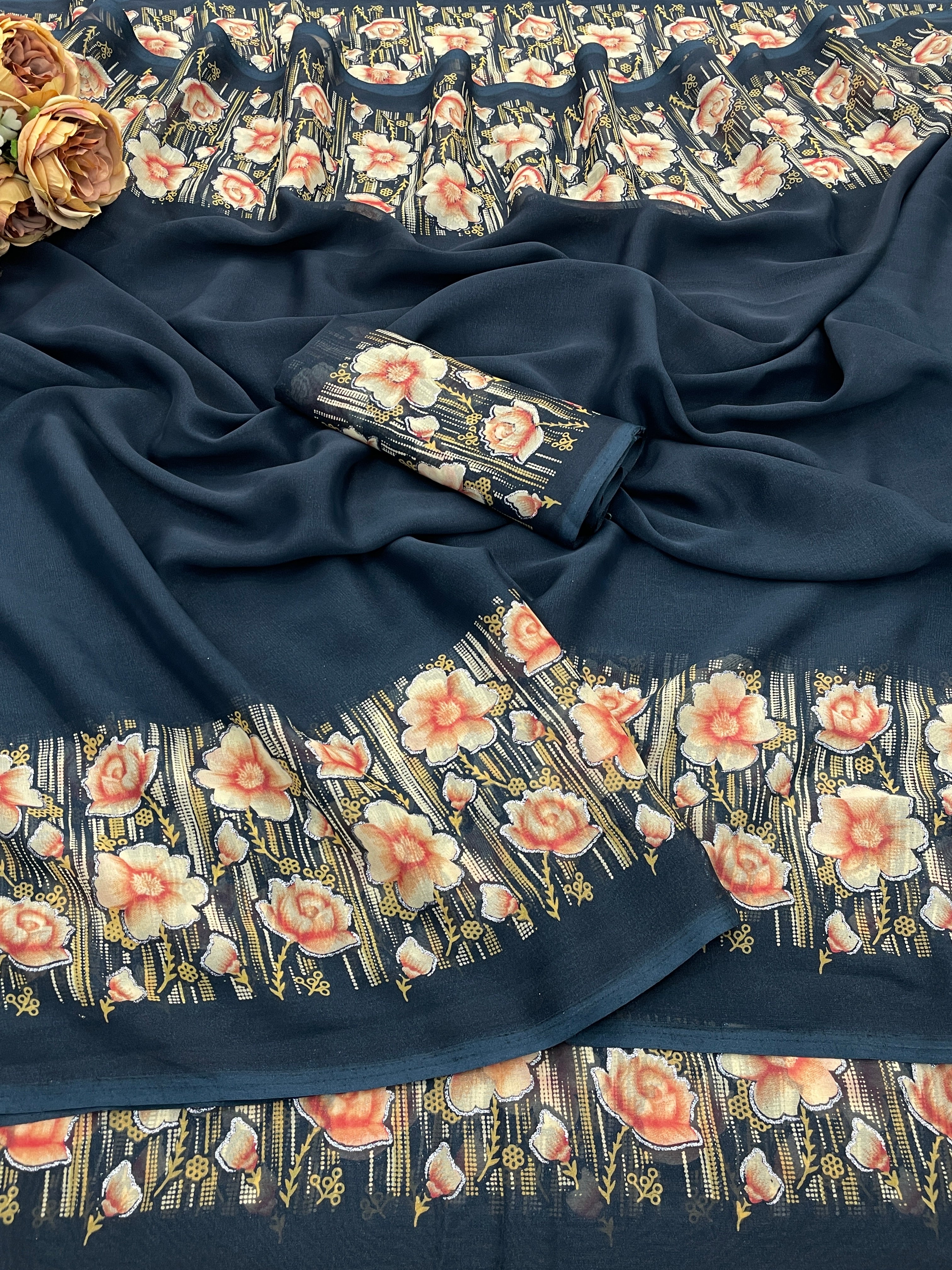 Elegant Floral Border Print Georgette Border Saree