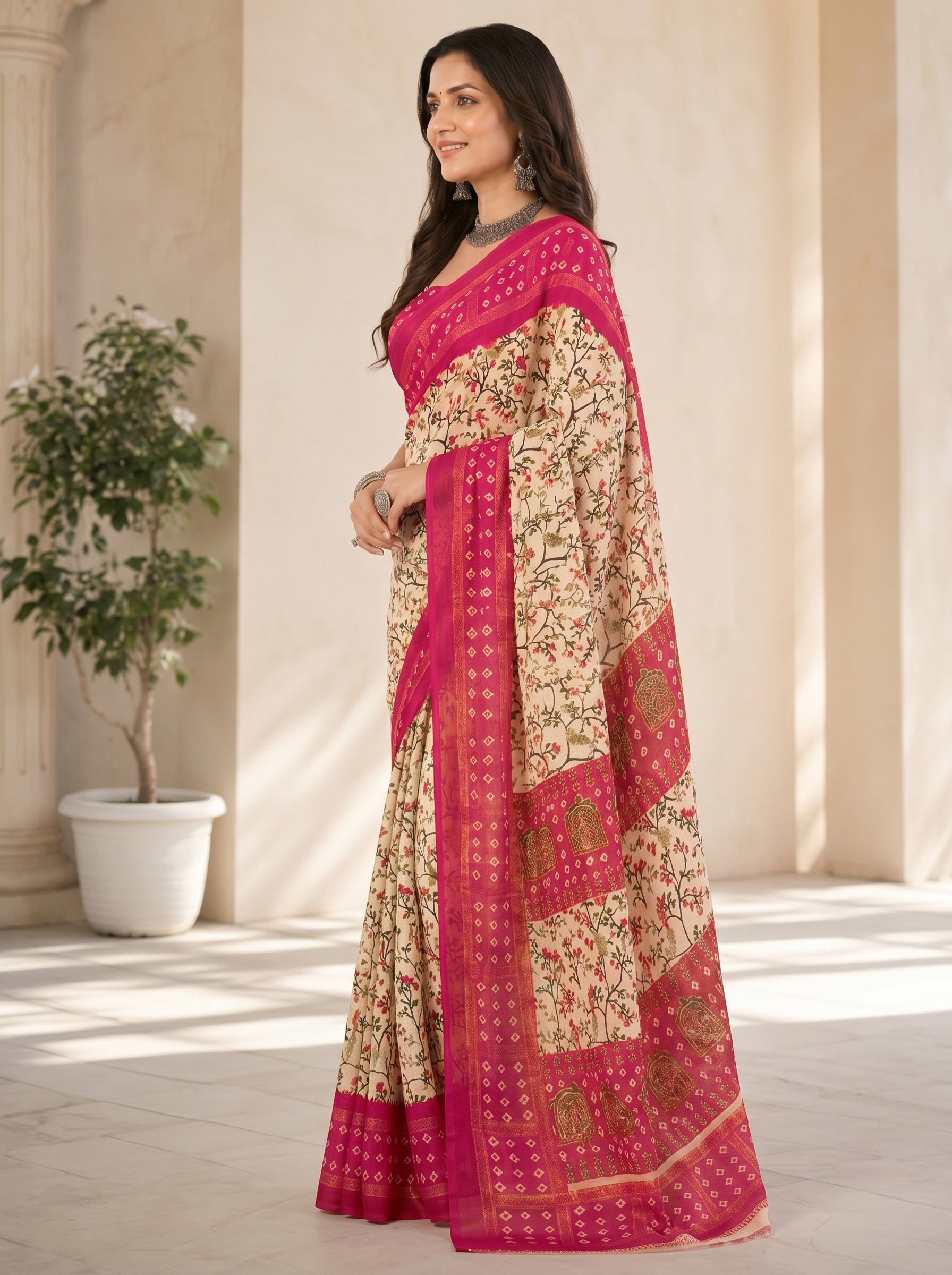Women Printed Moss Chiffon Saree with Zari Border