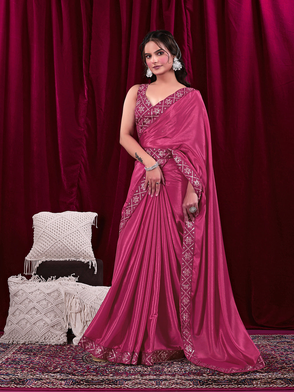 Chinon Solid Saree with Embroidered Lace Border