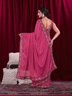 Chinon Solid Saree with Embroidered Lace Border