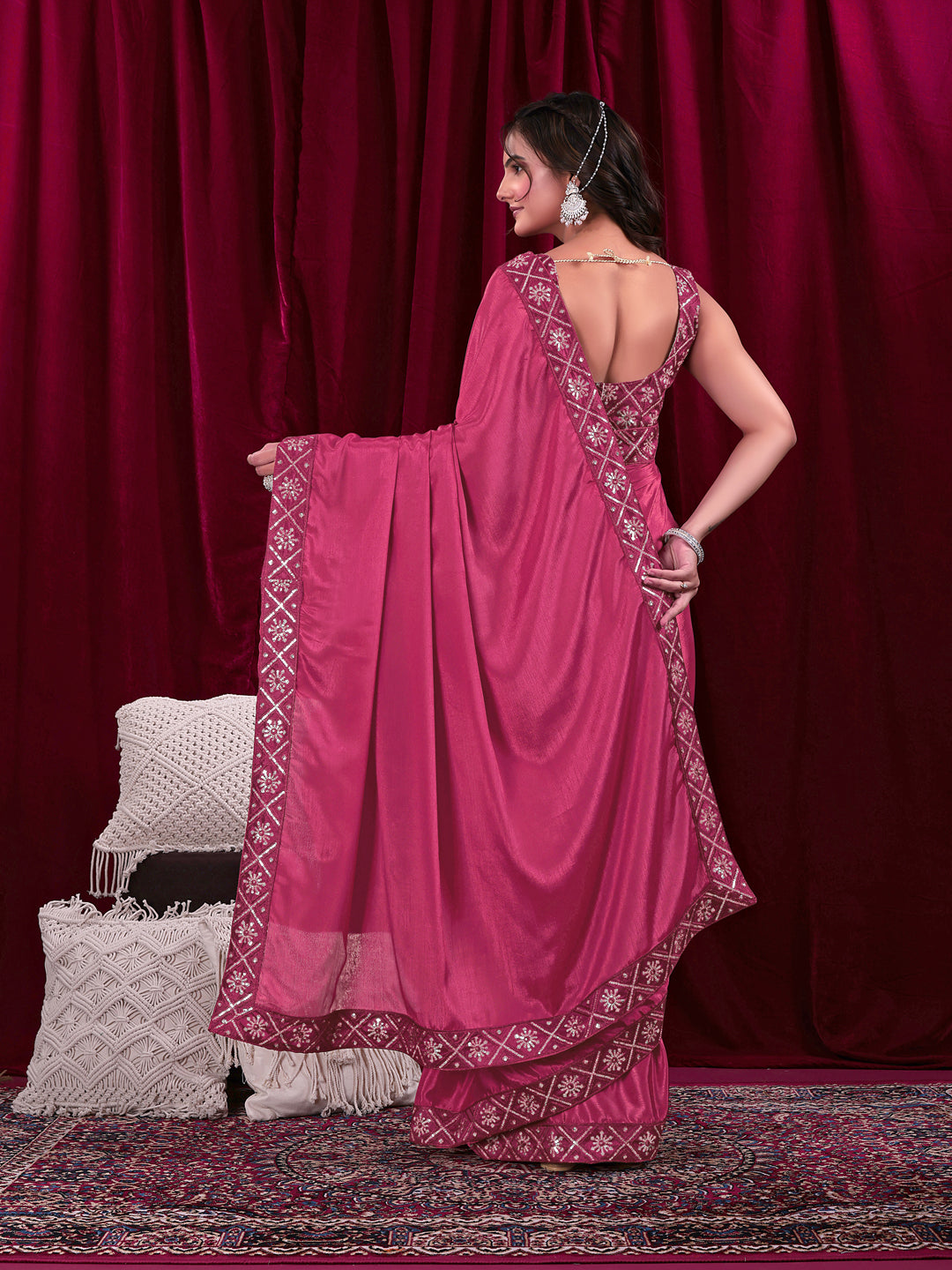 Chinon Solid Saree with Embroidered Lace Border