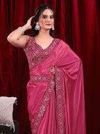 Chinon Solid Saree with Embroidered Lace Border