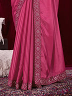 Chinon Solid Saree with Embroidered Lace Border