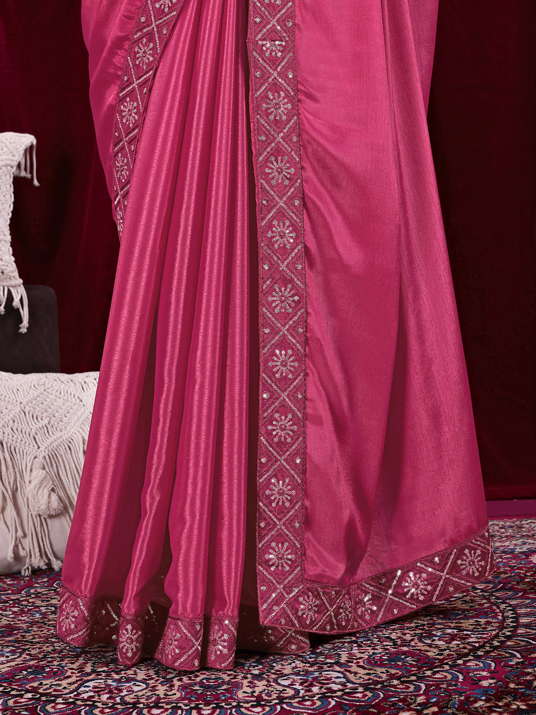 Chinon Solid Saree with Embroidered Lace Border
