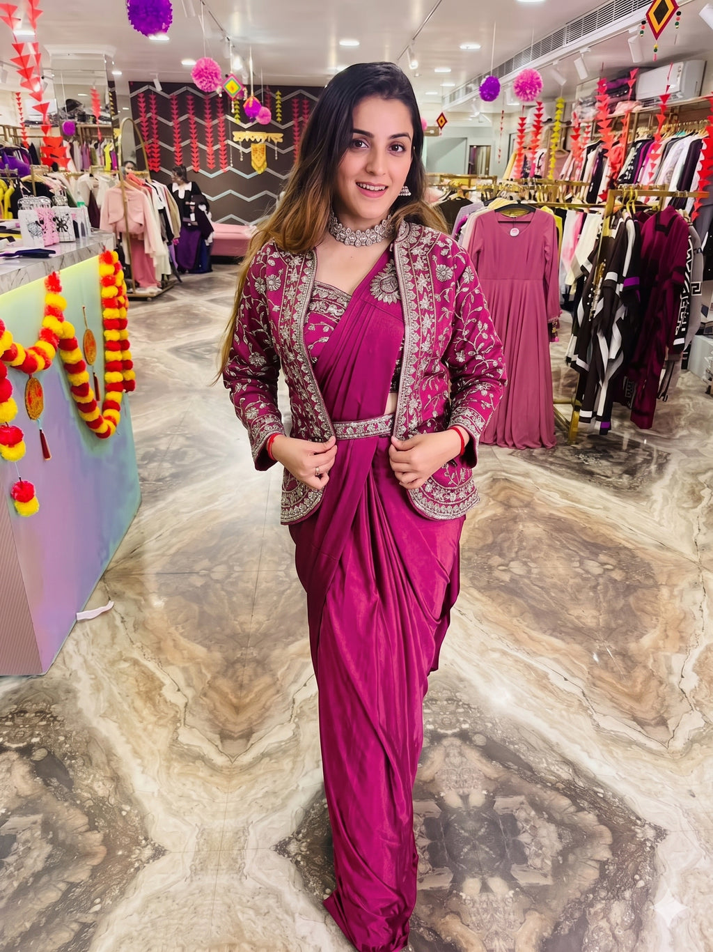 Trendy Indo-Western Ready-to-Wear Crepe Saree with Heavy Embroidered Koti & Stitched Blouse