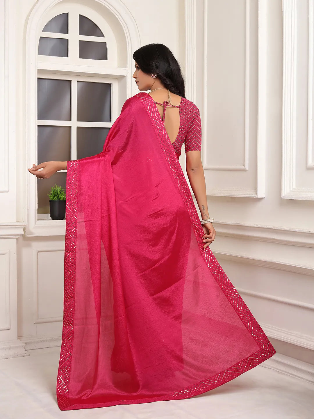 Pionex Ready To Wear Chinon Solid Saree With Embroidered Border