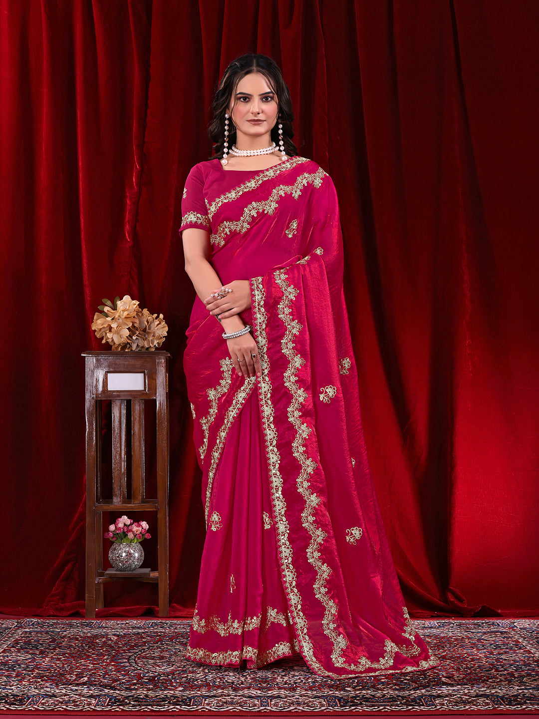 Traditional Embroidered Satin Silk Saree