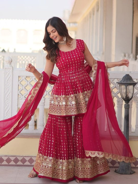 Rani Pink Sharara Set with Heavy Golden Embroidery and Net Dupatta