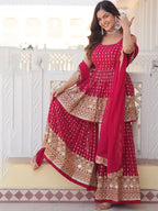 Rani Pink Sharara Set with Heavy Golden Embroidery and Net Dupatta