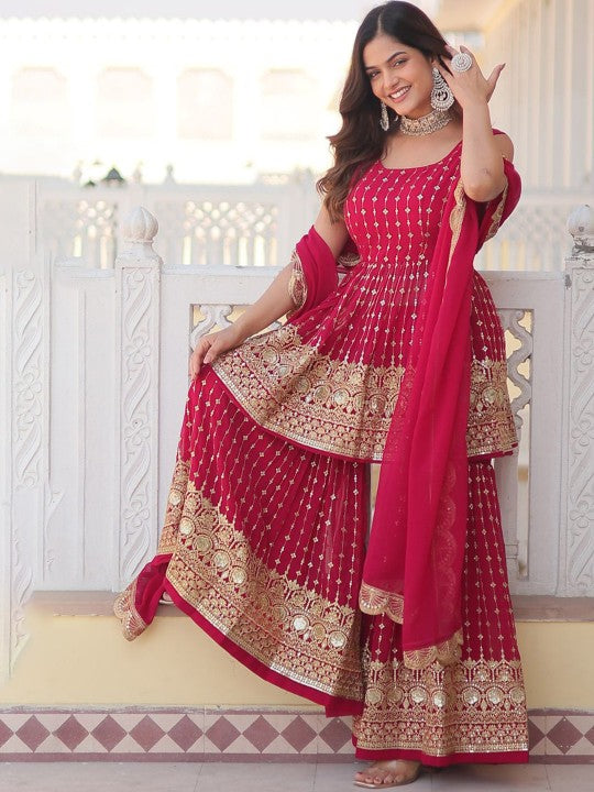 Rani Pink Sharara Set with Heavy Golden Embroidery and Net Dupatta