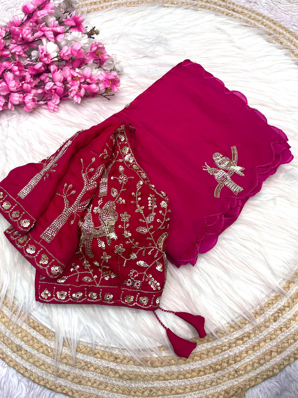 Satin Saree with Heavy Beaded Work Stitched Blouse