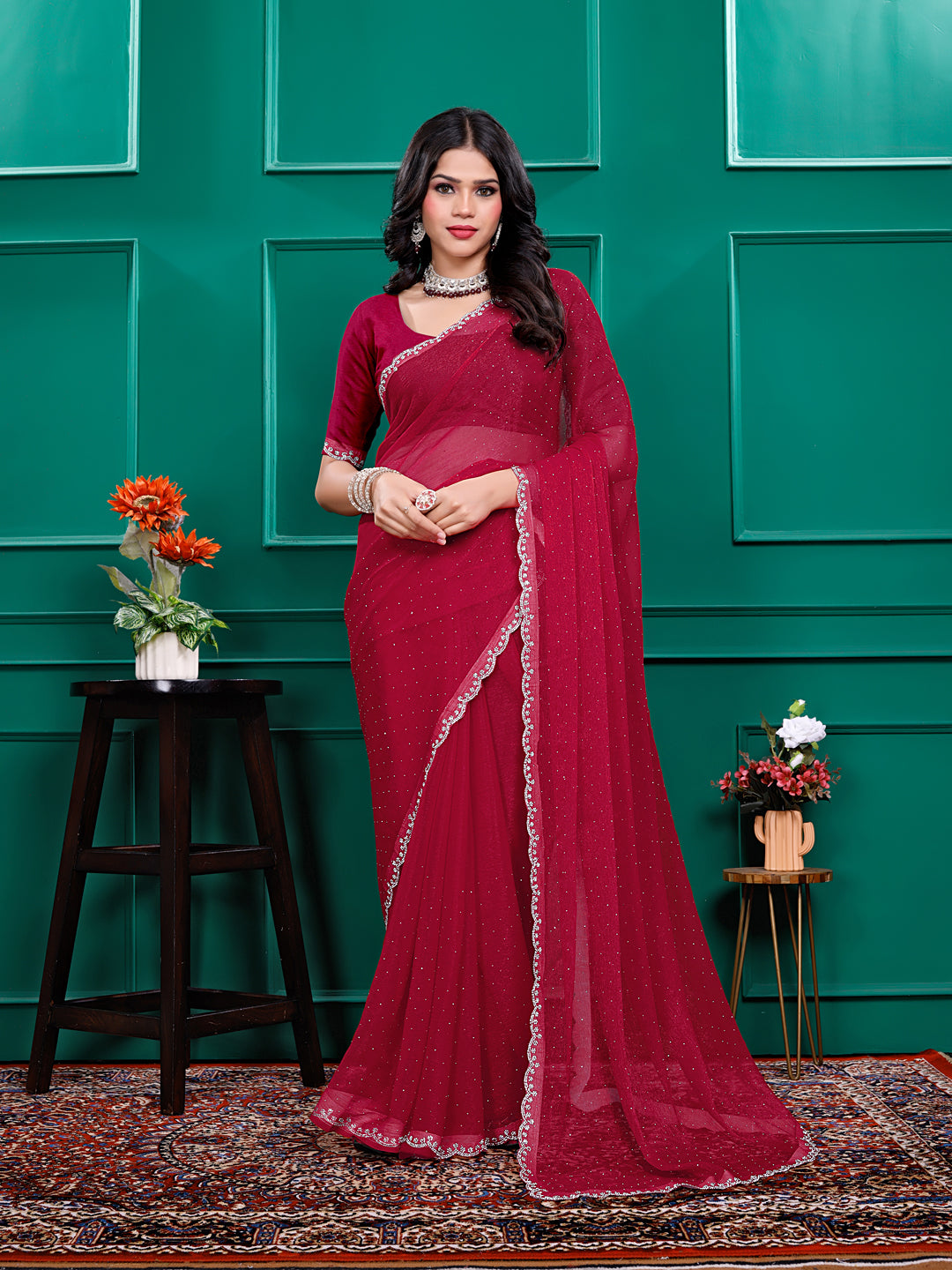 Chiffon   Siroski Daimond  Lace Work Sarees