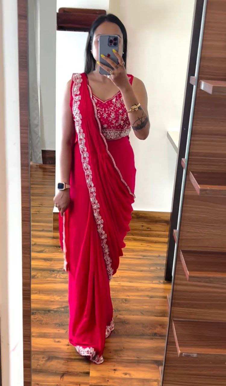 Embroidery Cording Work Ready To Wear Saree