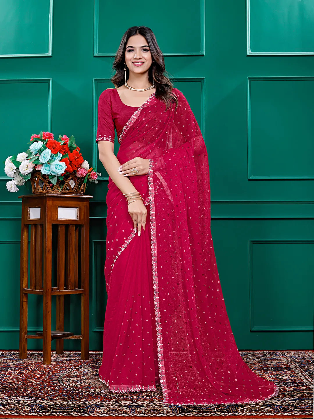 Chiffon Siroski Diamond Lace Work Saree