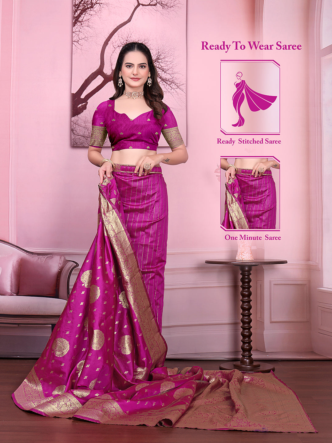 Floral Print Ready to Wear Banarasi Jacquard Party Saree with Unstitched Blouse