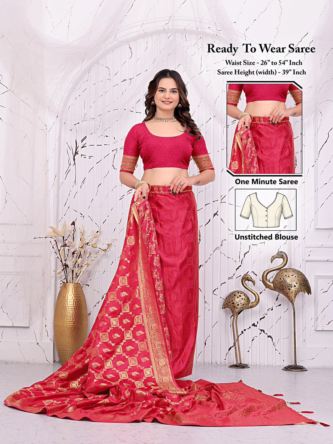 Banarasi Ready-to-Wear Saree with Traditional Woven Zari Motifs and Decorative Pallu.