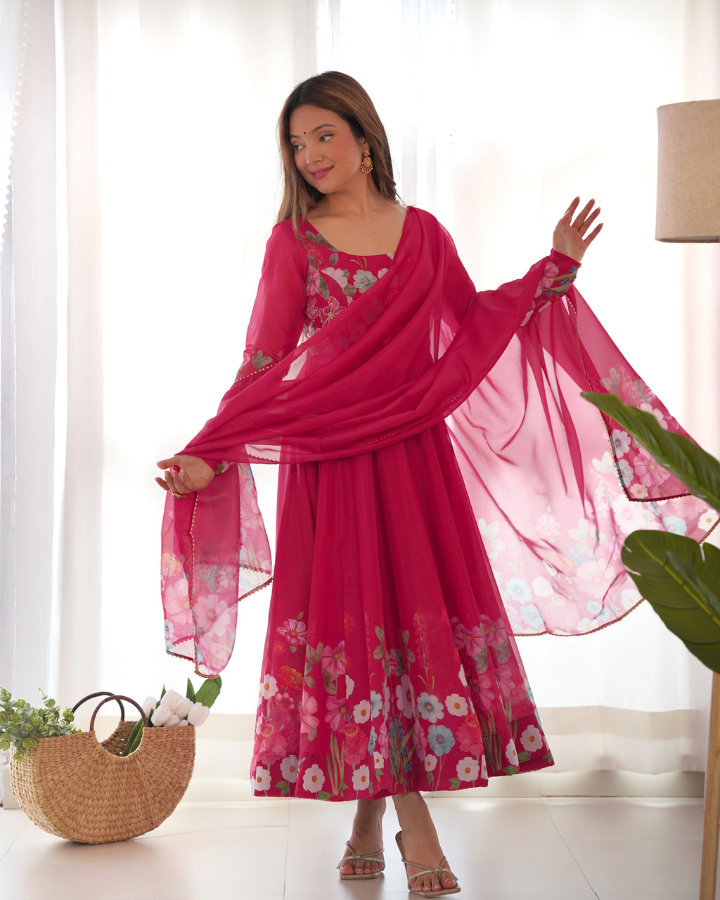 Women Floral Printed Organza Silk Flared Anarkali Kurta Set