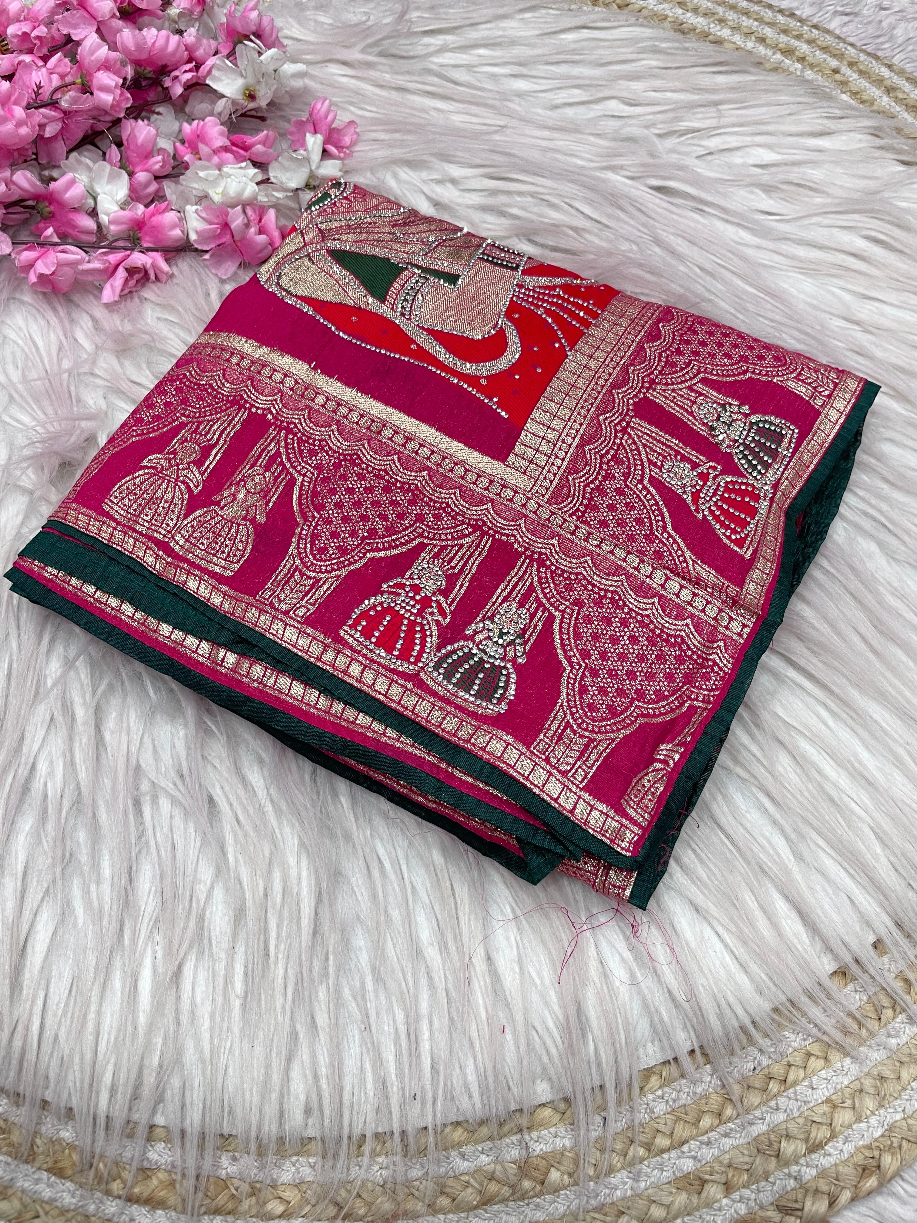 Dola silk Hand Deying Mena with Zarkhan Work Saree