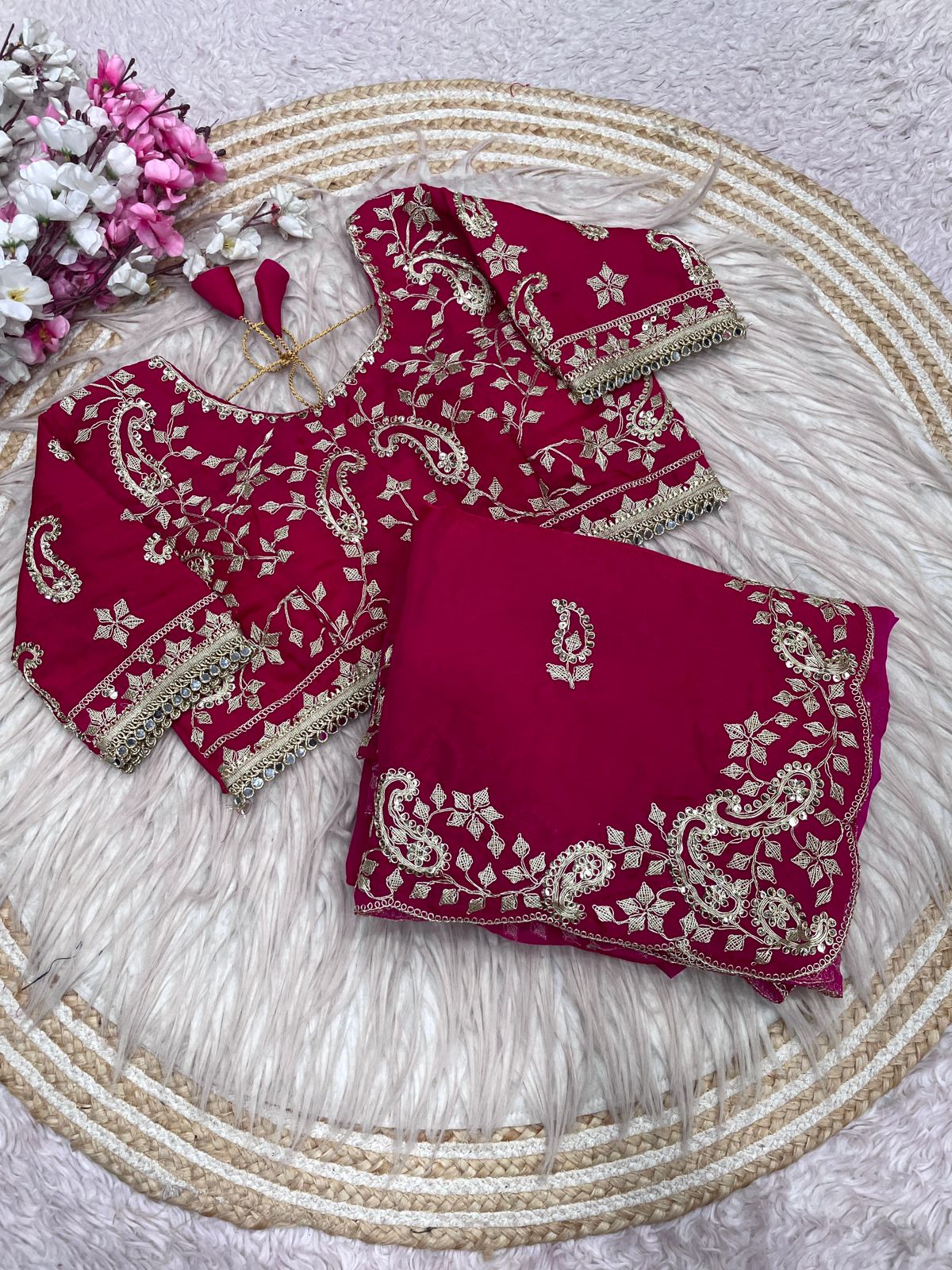 Fendy Satin Embroidered Saree With Butti Work and Stitched Blouse