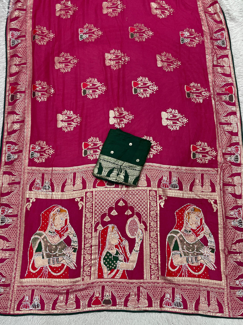 Dola silk Hand Deying Mena with Zarkhan Work Saree