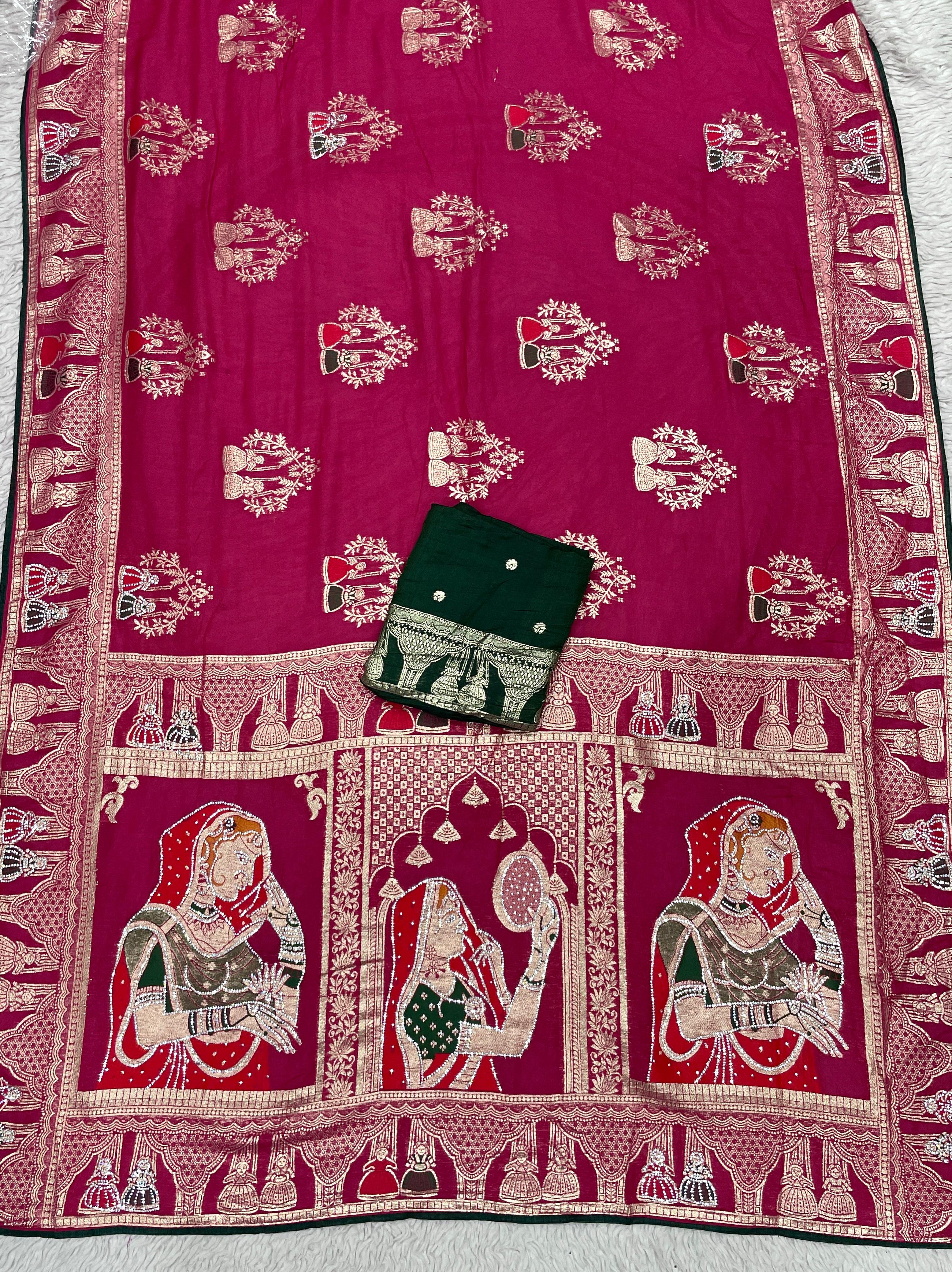 Dola silk Hand Deying Mena with Zarkhan Work Saree