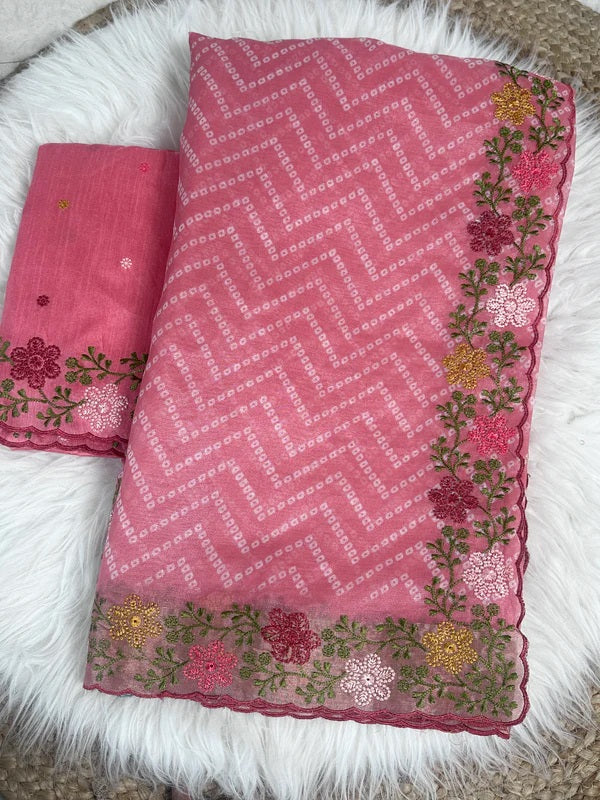Bandhani Printed Cotton Silk Saree with Embroidery Work